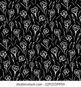 Black and white eamless pattern with isolated crocus flowers drawn by hand. Endless vector floral design in engraving style for bedding, wrapping paper, package, fabric, textile.