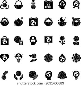 Black and white Earth Day flat icon collection set