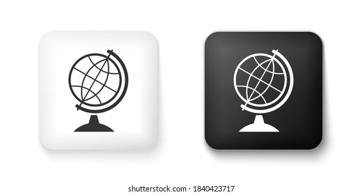 Icono de globo terrestre blanco y negro aislado en fondo blanco. Botón cuadrado. Vector.