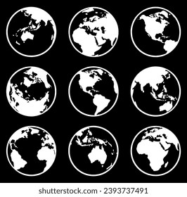 Black and white Earth globe set. Wrapped World map in round shape. Vector illustration.
