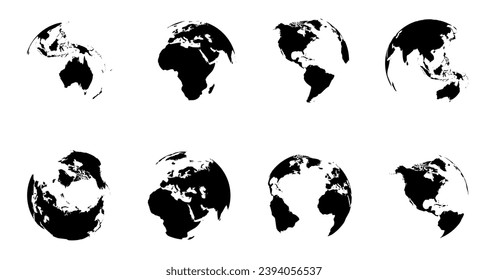 Black and white Earth globe set. High detailed wrapped World map in round shape. Vector illustration.
