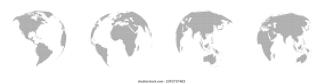 El efecto de media tonalidad de la Tierra en blanco y negro es un globo compuesto por una gran cantidad de círculos. Mapa mundial envuelto en forma redonda. Ilustración vectorial.
