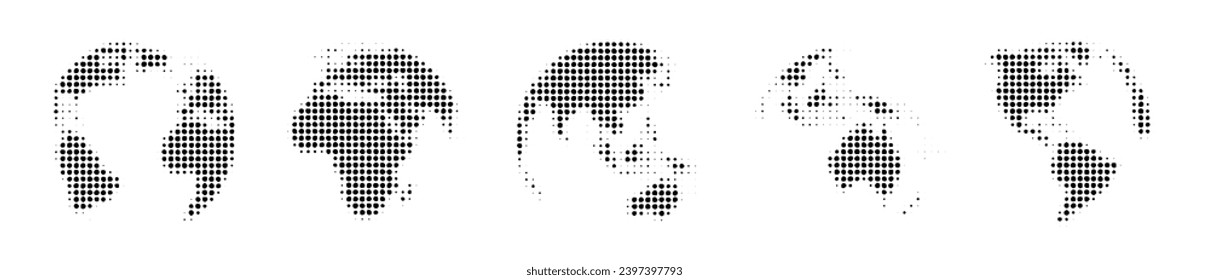 Black and white Earth halftone effect globe set composed of big amount of circles. Wrapped World map in round shape. Vector illustration.