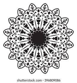Black and white east illustration of circular pattern or mandala on isolated background