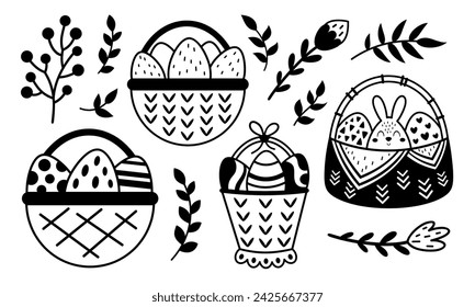Black and white Easter basket clipart set. Easter doodle clipart in flat style. Hand drawn vector illustration.