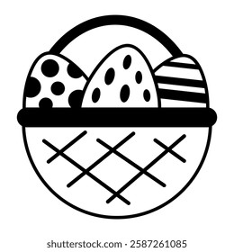 Black and white Easter basket clipart. Happy Easter day. Cute festive element. Hand draw vector illustration