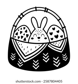 Black and white Easter basket clipart. Happy Easter day. Cute festive element. Hand draw vector illustration