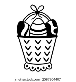 Black and white Easter basket clipart. Happy Easter day. Cute festive element. Hand draw vector illustration