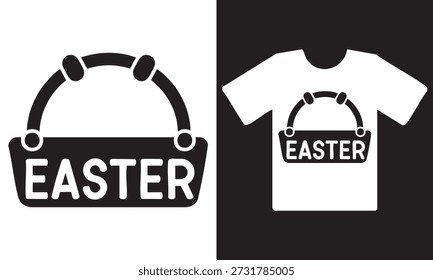 Black and white Easter basket graphic with the word "Easter," shown on a plain background and a t-shirt mockup.