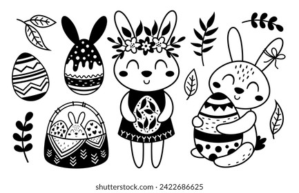 Black and white Easter bunny clipart. Happy Easter clip art in cartoon flat style, perfect for scrapbooking, stickers, tags, greeting cards, party invitations, decor. Vector illustration.
