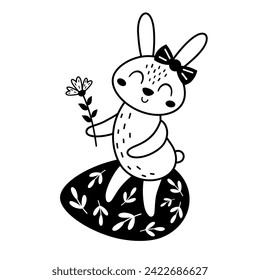 Black and white Easter bunny clipart. Happy Easter clip art in cartoon flat style, perfect for scrapbooking, stickers, tags, greeting cards, party invitations, decor. Vector illustration.