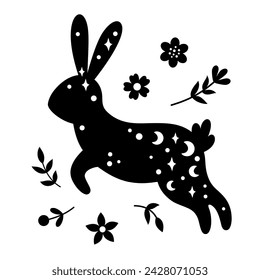 Black and white Easter bunny clipart. Happy Easter clip art in flat style. Hand drawn vector illustration.