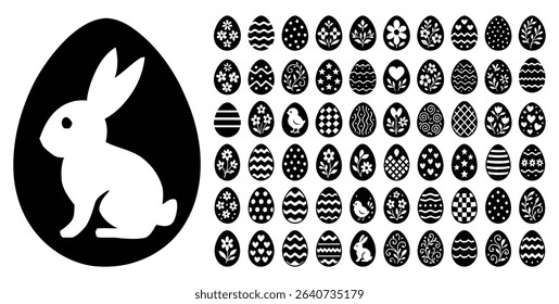 Black and White Easter Bunny and Decorative Patterned Egg Silhouettes Vector Set EPS10
