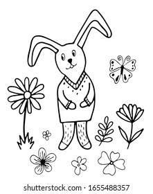 Black and white Easter bunny in doodle style isolated on white background. Vector stock illustration. Hand drawing image for spring decorating.