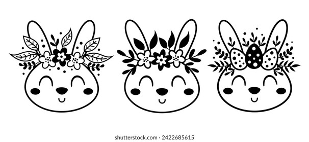 Black and white Easter bunny face clipart. Happy Easter clip art in cartoon flat style, perfect for scrapbooking, stickers, tags, greeting cards, party invitations, decor. Vector illustration.