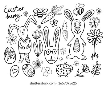 Black and white Easter bunny and floral set in doodle style isolated on white background. Vector stock illustration. Hand drawing image for spring decorating.