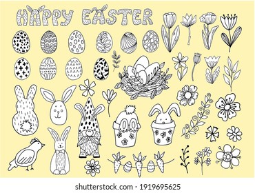 Black and white Easter bunny and floral set in doodle style isolated on white background. Vector stock illustration. Hand drawing image for spring decorating.