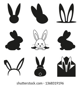 Black and white easter bunny silhouette set. Various rabbit symbols. Spring themed vector illustration for stamp, label, certificate, brochure, gift card, poster, coupon or banner decoration