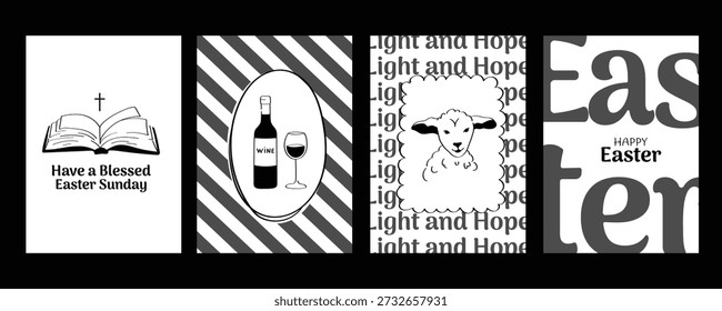Colección de tarjeta de Pascua en blanco y negro con mensaje bendito, símbolo de vino e ilustración de cordero