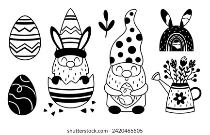 Black and white Easter clipart with easter gnome, easter egg, plants in cartoon flat style. Perfect for scrapbooking, stickers, tags, greeting cards, party invitations, decor. Vector illustration.