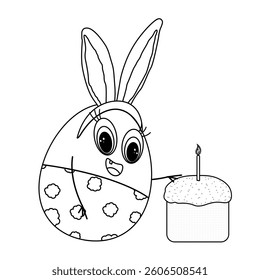 Black and white Easter coloring page featuring a cheerful anthropomorphic Easter egg character with bunny ears taking a piece of at a festive Easter cake with a candle. Perfect for festive crafts.