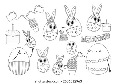 Black and white Easter coloring page featuring set bunny-eggs, holiday decorations, Easter cake, and playful activities.