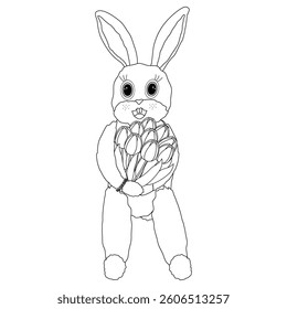 Black and white Easter coloring page featuring a cute Easter bunny holding a bouquet of tulips. Perfect for kids and holiday crafts.