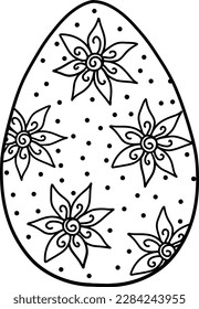 Black and white Easter egg with a beautiful pattern. Vector illustration of an Easter egg in mandala style. Detailed pattern of black contour flowers on a white background