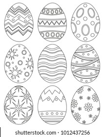 Black and white easter egg collection set poster. Coloring book page for adults and kids. Holiday vector illustration for gift card certificate banner sticker, badge sign, stamp, logo, icon label.