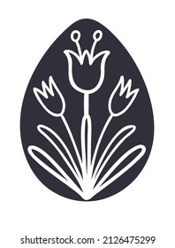 Black and white Easter egg with floral ornament. Flat vector illustration isolated on a white background.