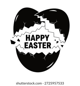 Black and white easter egg with happy easter text on cracked surface