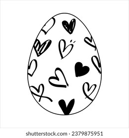 black and white easter egg. Hearts. Vector on white background