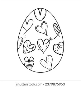 black and white easter egg. Hearts. Vector on white background