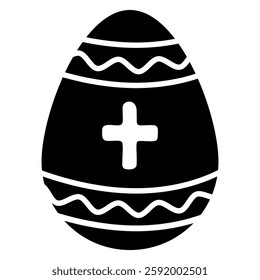 Black and white Easter egg icon featuring cross and wavy patterns. Perfect for religious Easter designs, decorations, and festive graphics. Vector isolated on transparent background.