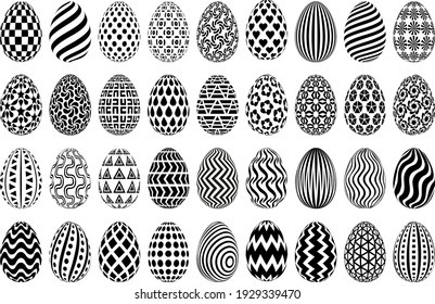 Black and white Easter egg illustrations set. Collection of stylized Easter eggs. Monochrome patterned decorative eggs isolated on white background.