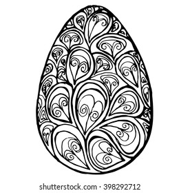Black and white easter egg isolated zentangle pattern with a pattern of a plurality of curls.