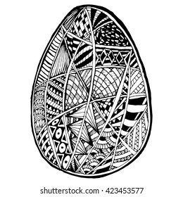 Black and white easter egg isolated zentangle pattern with lots of fine patterns of different forms in different sectors.
