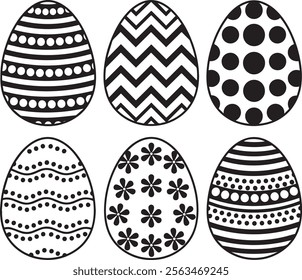 black and white Easter egg vector art with different textures on a white background 