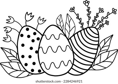 Black and white Easter eggs with a beautiful pattern and flowers. Vector illustration of Easter eggs in mandala style with a detailed pattern, children is Easter coloring book.