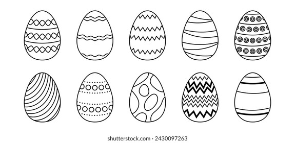 Black and white Easter eggs collection. Spring linear egg icon set with different ornaments. Doodle style Easter illustration pack for card, invitation, print, sticker, banner, poster. 3D Illustration