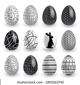 Black white Easter eggs on white background. Vector set for holiday Easter card. Rabbit and ornamental pattern