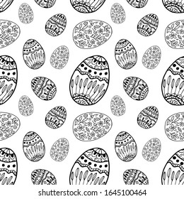 Black and white Easter eggs seamless pattern in doodle style isolated on white background. Vector stock illustration. Hand drawing image for spring decorating.