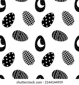 Black white Easter eggs seamless pattern on white background. Easter elements endless print.