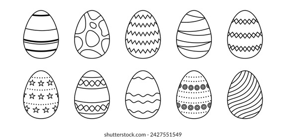Black and white Easter eggs set. Spring linear egg icons with different pattern ornaments. Doodle style Easter illustration pack for card, invitation, print, sticker, banner, poster. Vector