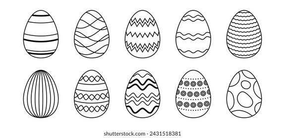 Black and white Easter eggs set. Spring linear egg icon collection with different ornaments. Doodle style Easter illustration bundle for banner, poster, card, invitation, print. 3D Illustration