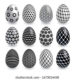 Black white Easter eggs wtth geometry patterns on white background. Vector set for holiday Easter card