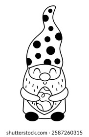 Black and white Easter gnome clipart. Happy Easter day. Cute gnome doodle in cartoon flat style. Hand draw vector illustration