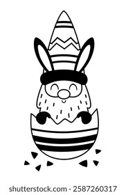 Black and white Easter gnome clipart. Happy Easter day. Cute gnome doodle in cartoon flat style. Hand draw vector illustration