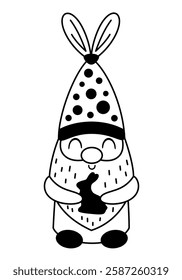 Black and white Easter gnome clipart. Happy Easter day. Cute gnome doodle in cartoon flat style. Hand draw vector illustration