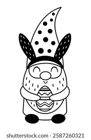 Black and white Easter gnome clipart. Happy Easter day. Cute gnome doodle in cartoon flat style. Hand draw vector illustration